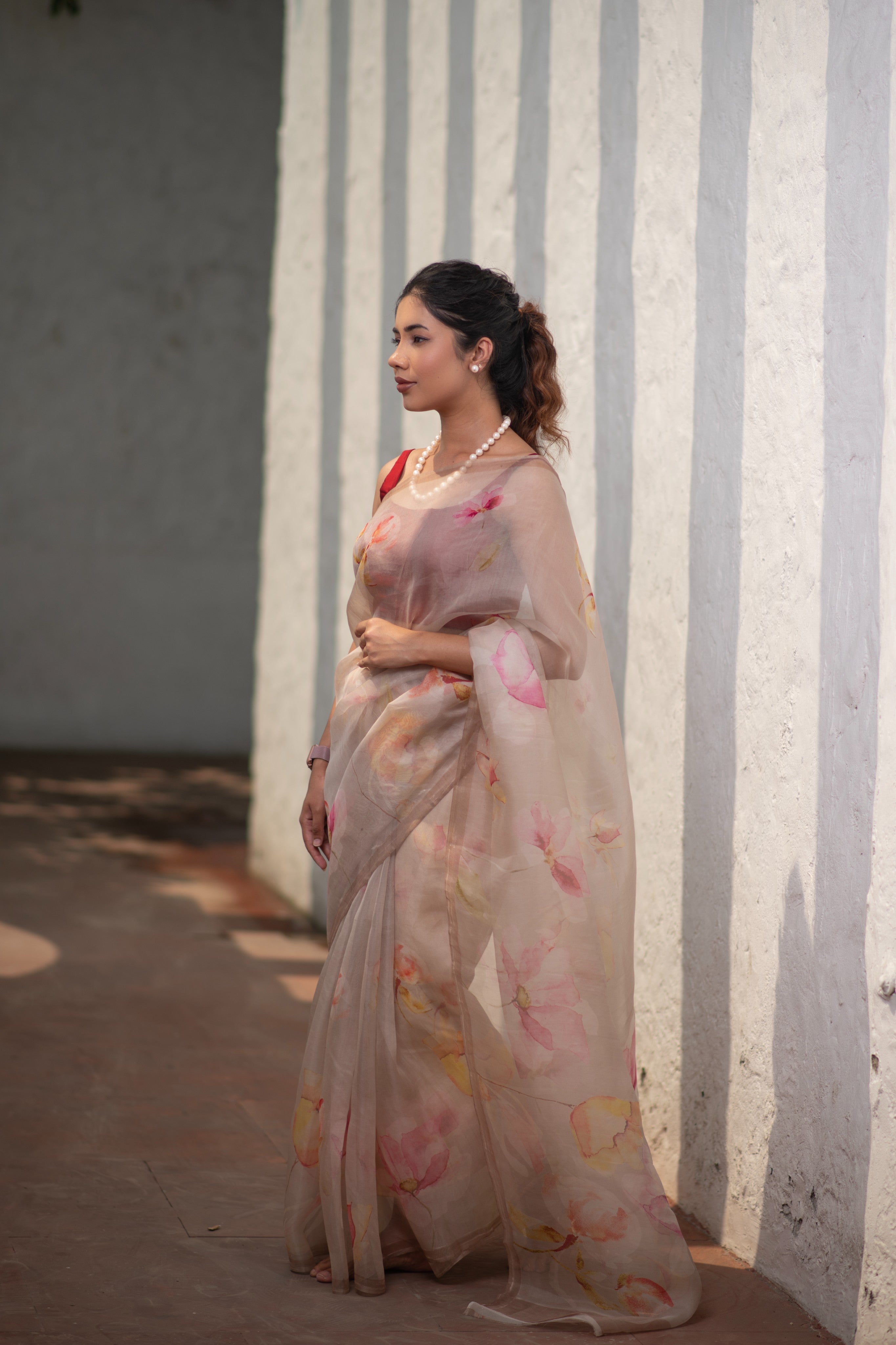 Pichhika (Peach Digital Print Kora Silk Saree)