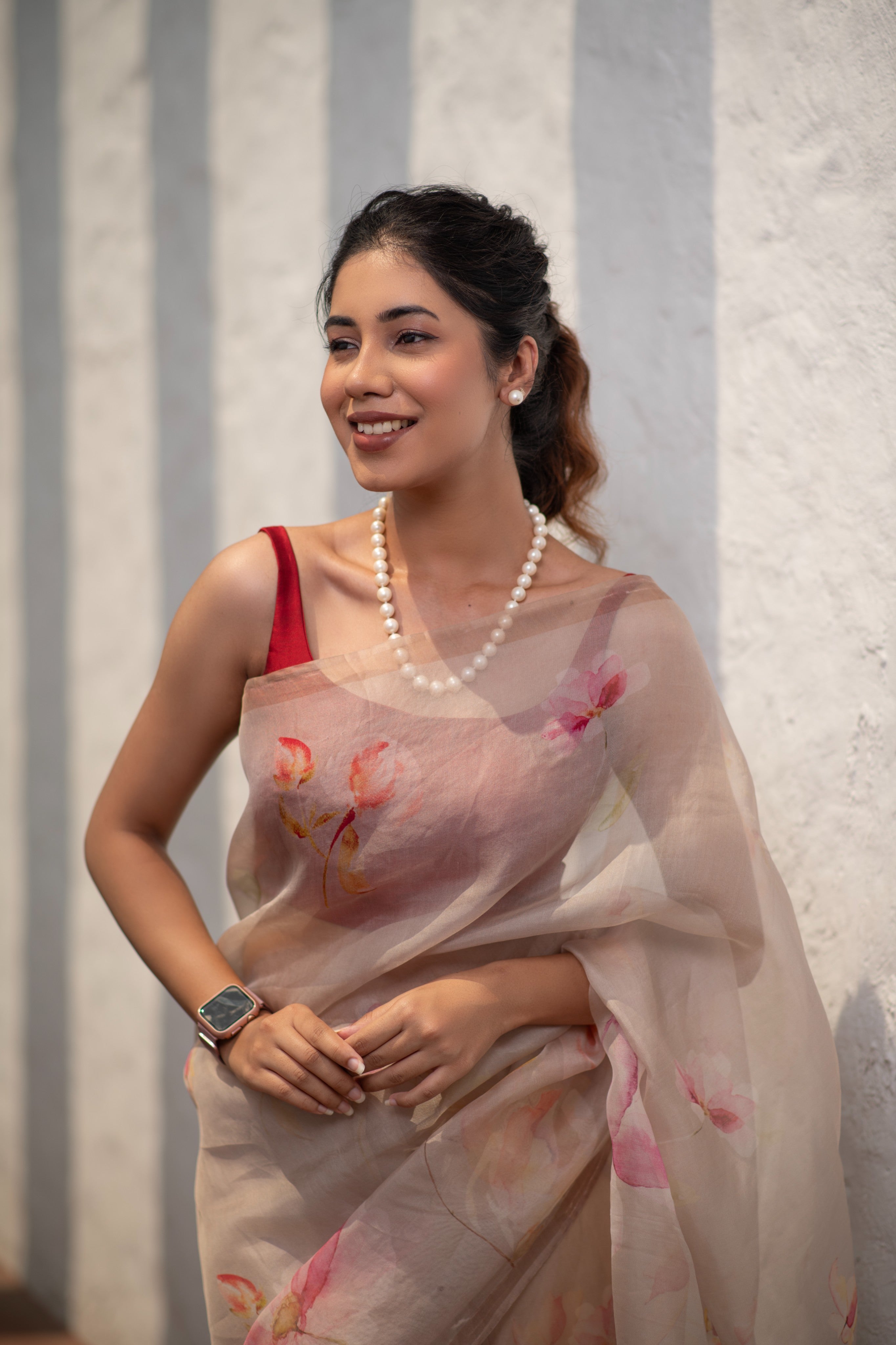 Pichhika (Peach Digital Print Kora Silk Saree)