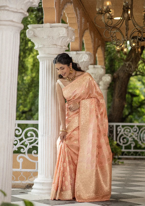 Kamalanshi (Peach Gulab Zari Katan Saree)
