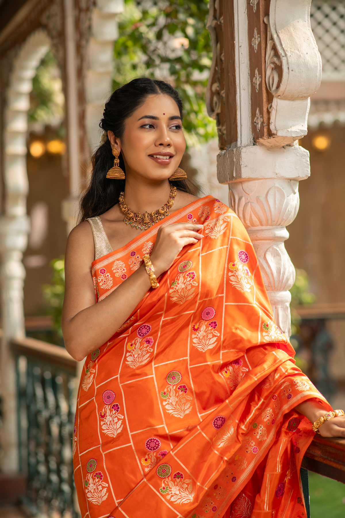 Agnija (Orange Silk Jamdani Meenakari Saree)