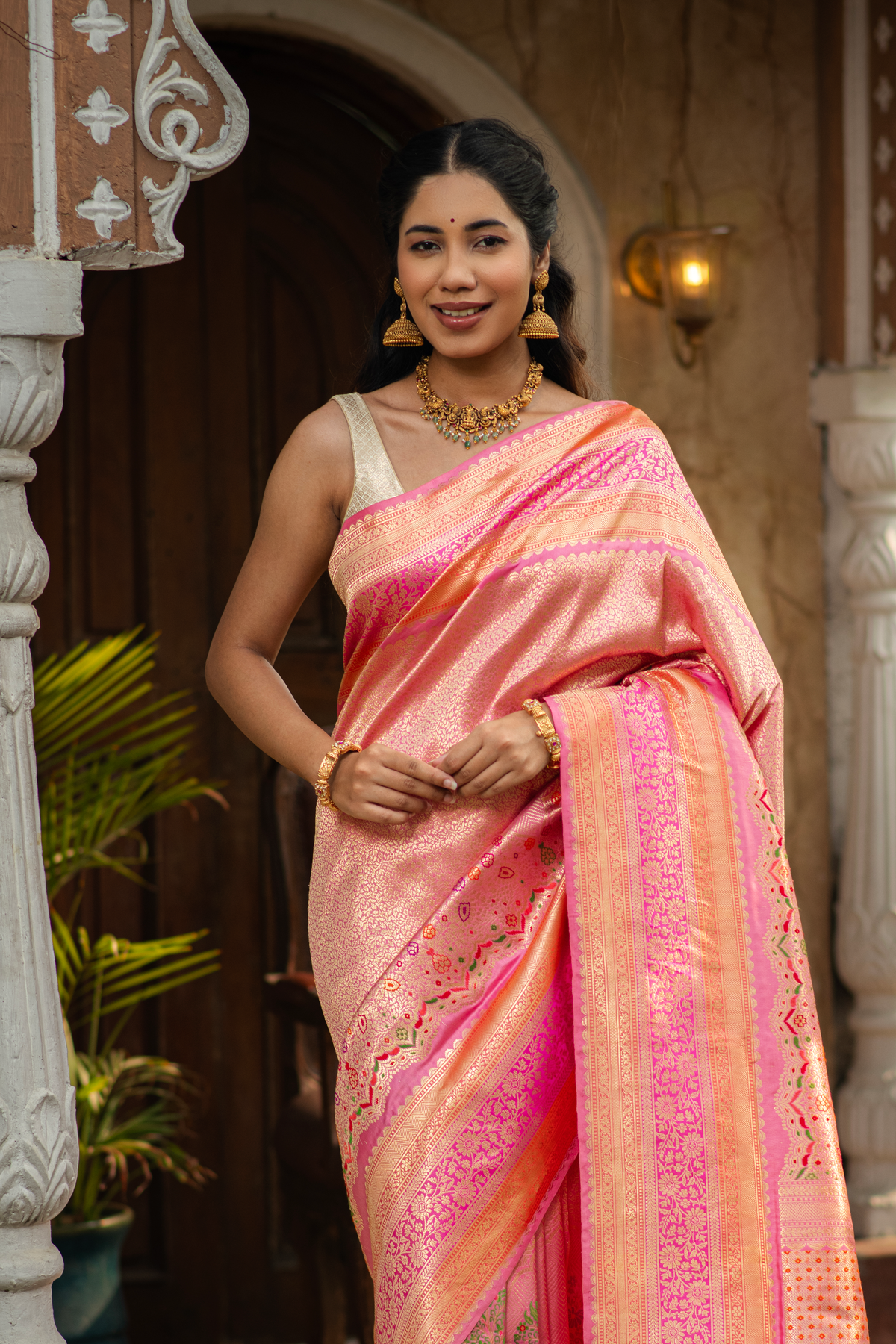 Kusumika (Pink Floral Meenakari Brocade Saree)
