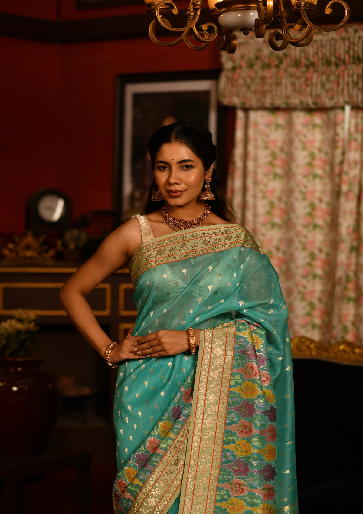 Nityashri (Turquoise Meenakshi Kora Saree)
