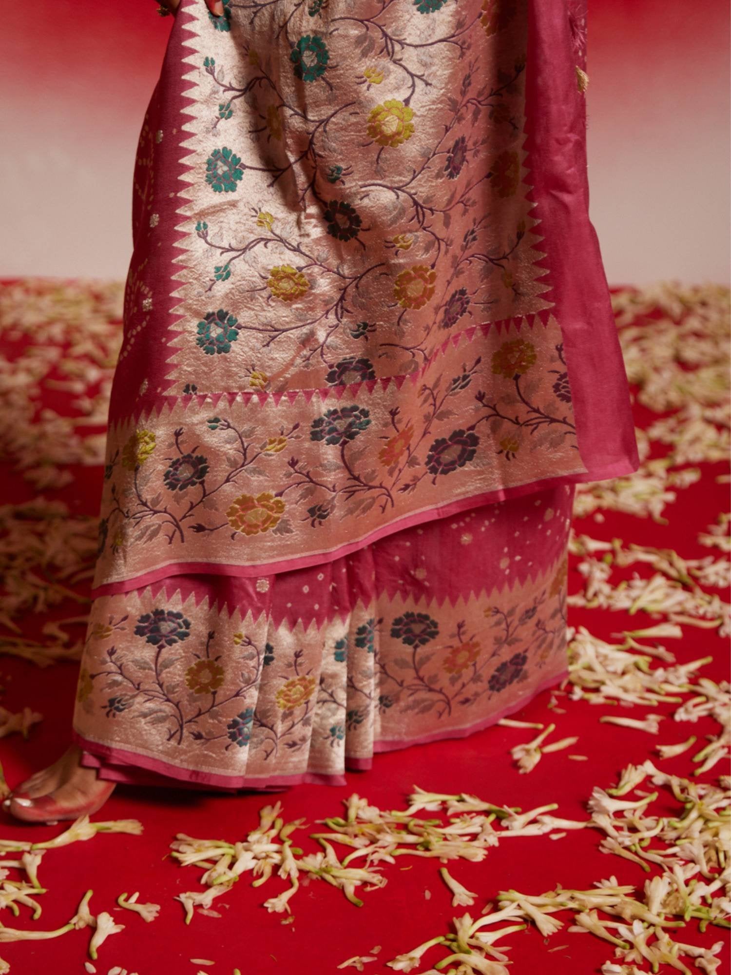 Kalindi (Tussar Georgette Pink Bandhini Saree)