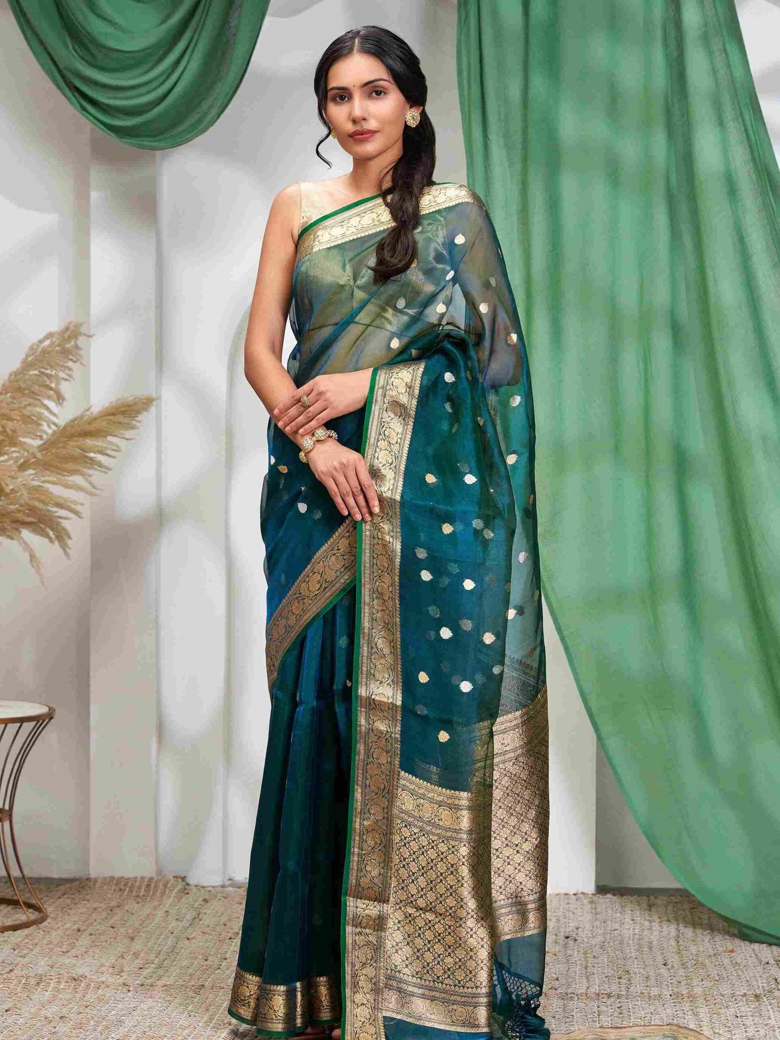 Neelmayura (Peacock Blue Tissue Kora Kadwa Saree)