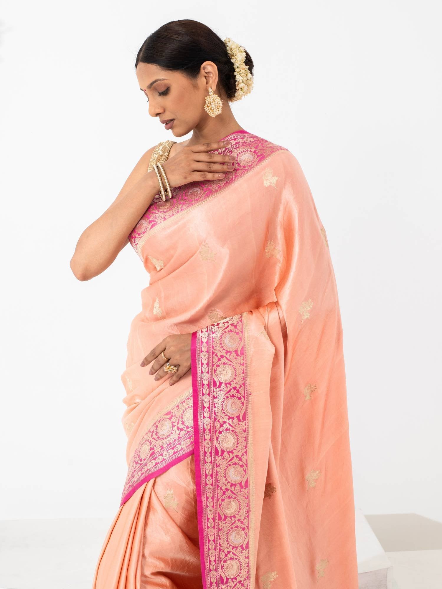 Lakshita (Peach Pink Kadwa Mushru Satin Saree)