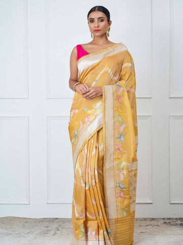 Charulata (Yellow Handloom Birds Jaal Saree)