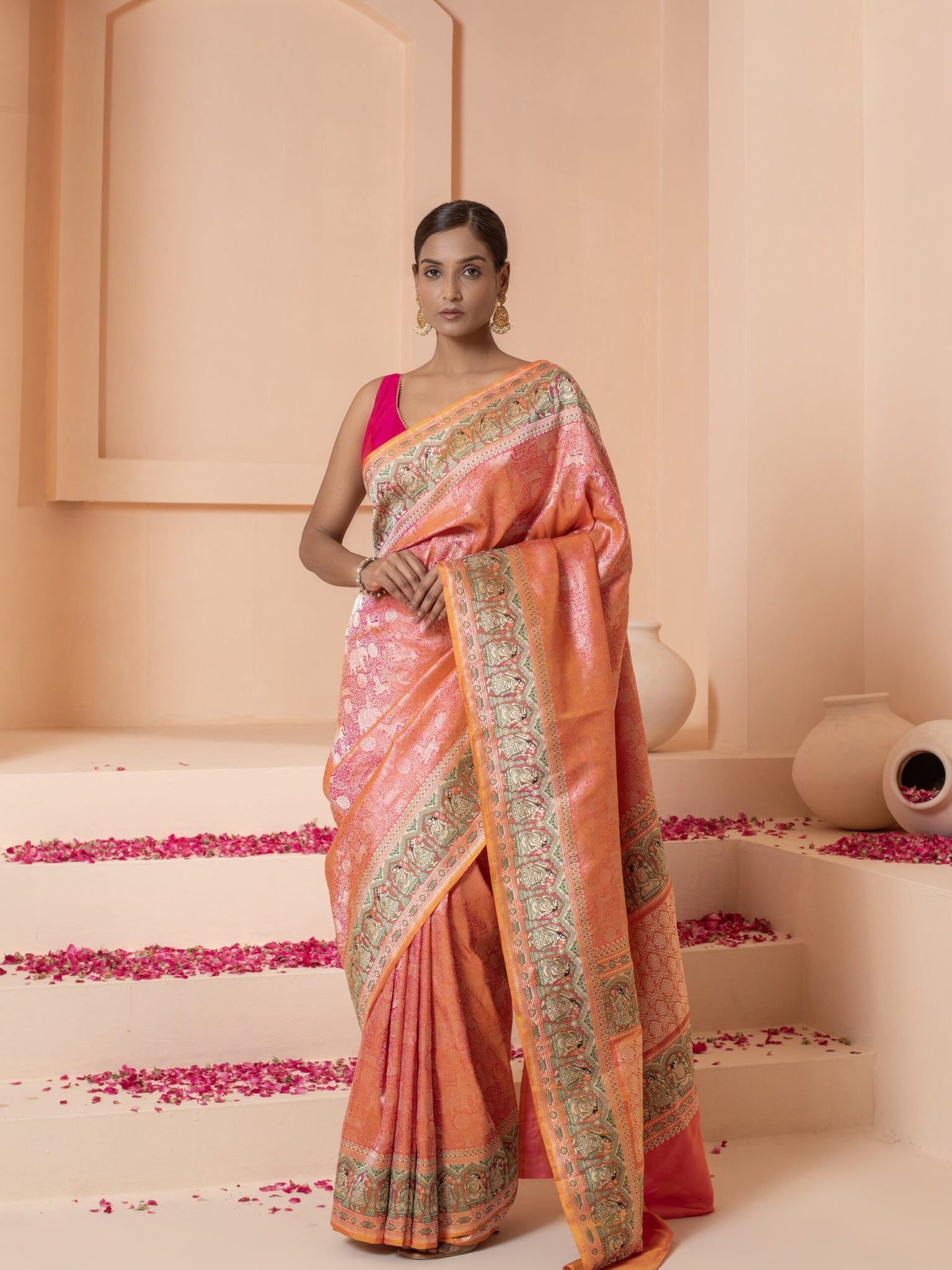Ishwari (Peach Banarasi Brocade Baluchari Saree)