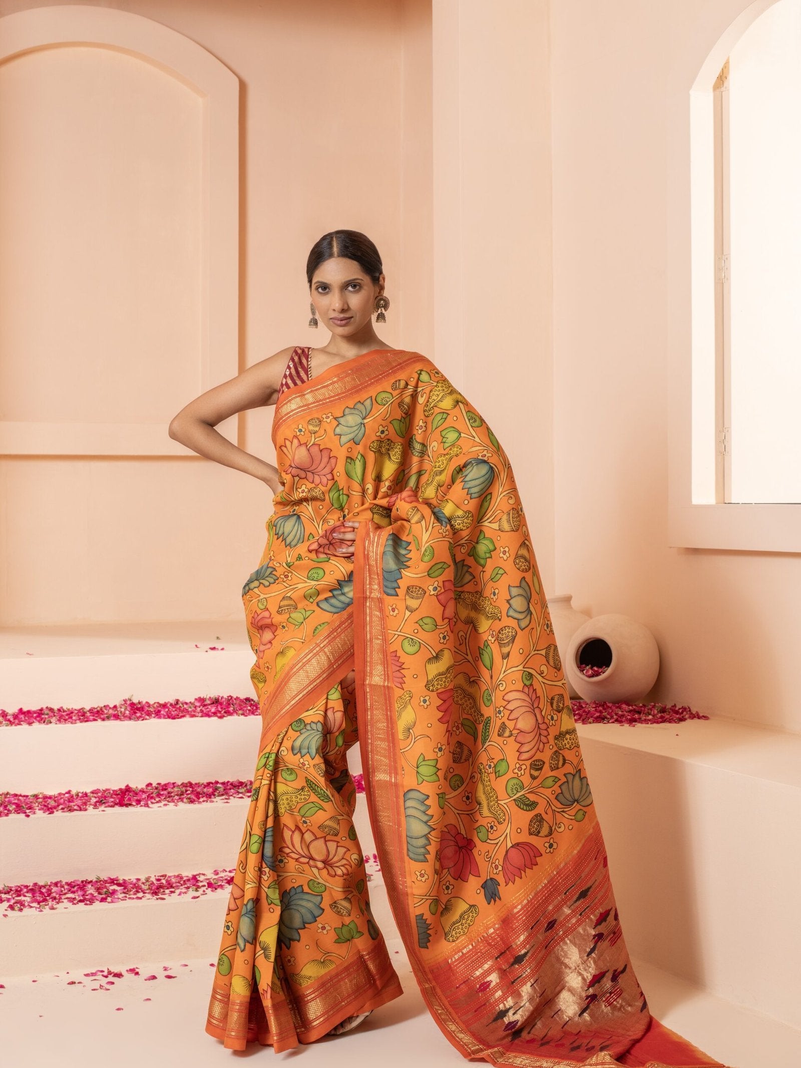 Meghna (Radiant Orange Kalamkari Paithani Saree)