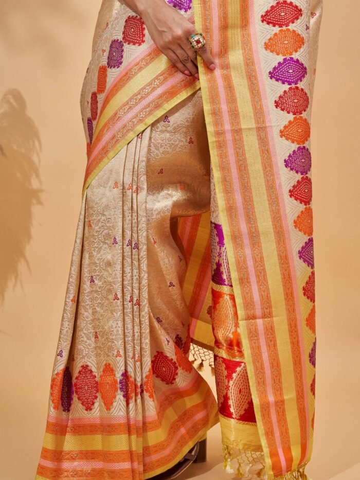 Ila (Beige Tanchoi Meenakari Border Saree) - Image 5