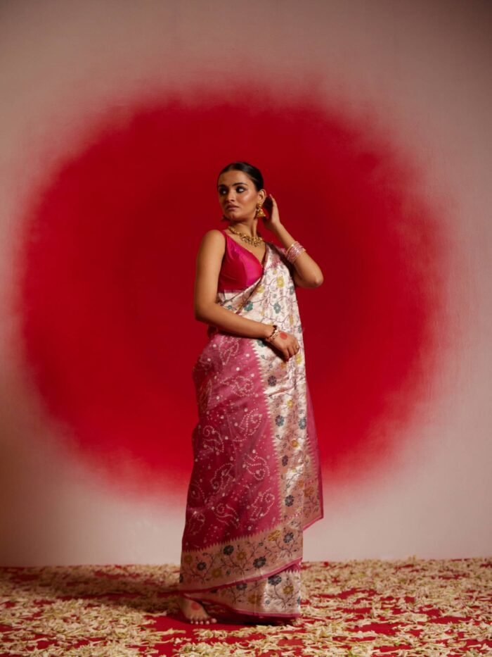 Kalindi (Tussar Georgette Pink Bandhini Saree) - Image 2