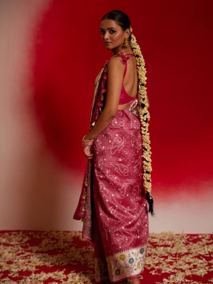 Kalindi (Tussar Georgette Pink Bandhini Saree) - Image 4