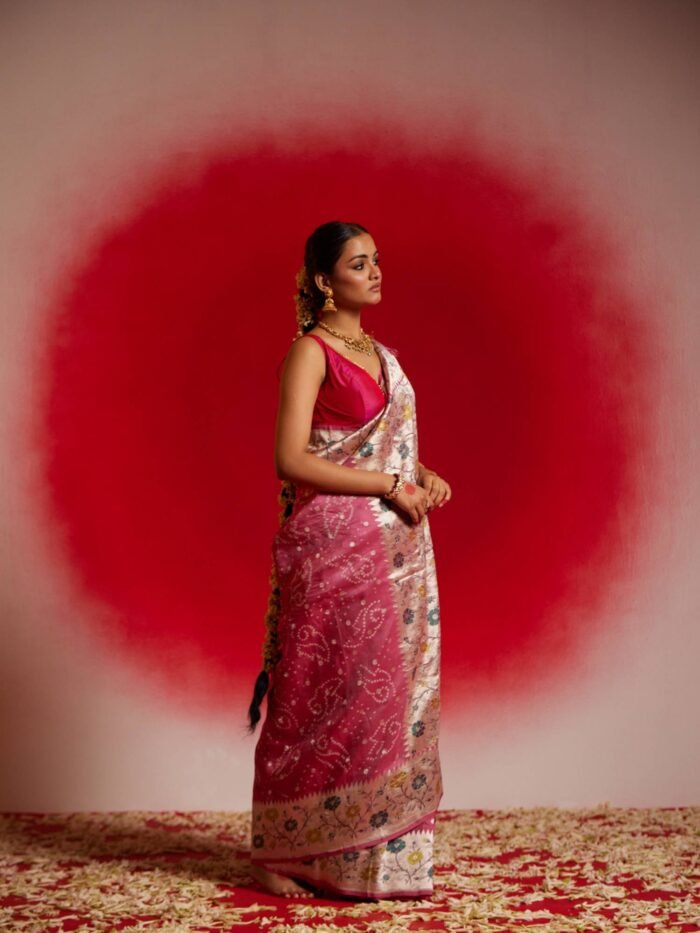 Kalindi (Tussar Georgette Pink Bandhini Saree) - Image 3