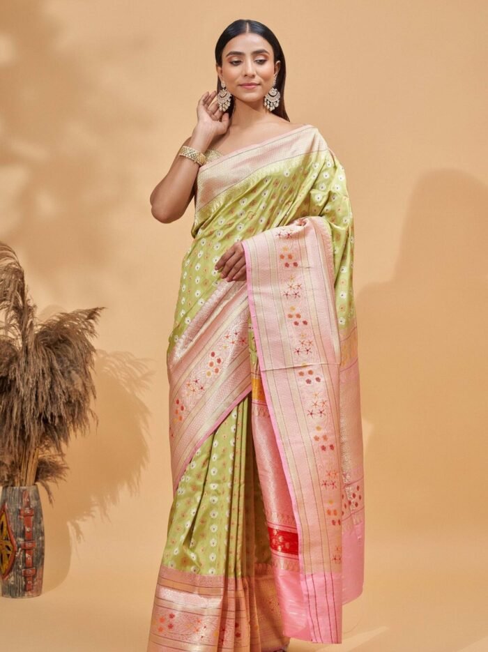Meera (Green Katan Silk Pink Border) - Image 2