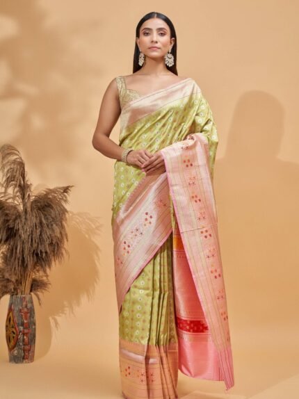 Meera (Green Katan Silk Pink Border)