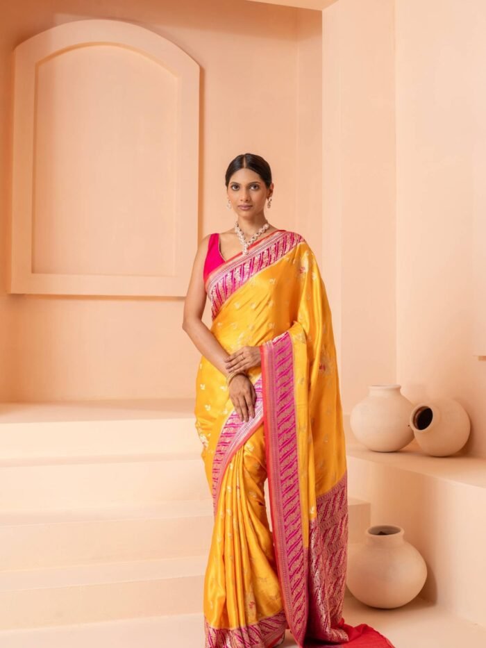 Vidhatri (Mustard Pink Kadwa Mushru Satin Saree) - Image 1