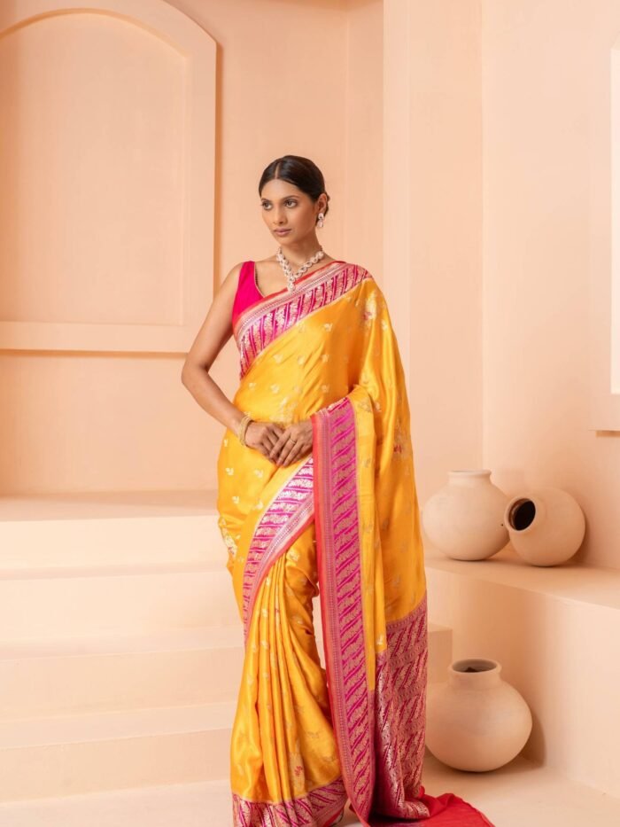 Vidhatri (Mustard Pink Kadwa Mushru Satin Saree) - Image 2