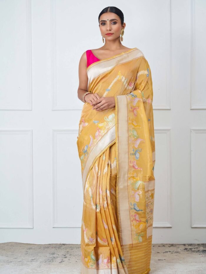 Charulata (Yellow Handloom Birds Jaal Saree) - Image 1