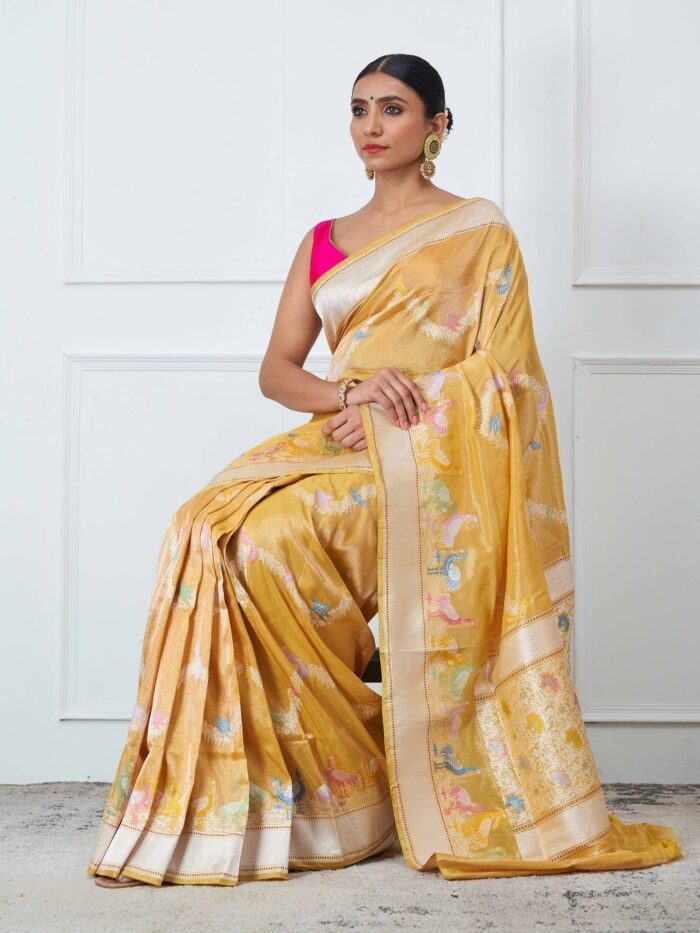 Charulata (Yellow Handloom Birds Jaal Saree) - Image 3