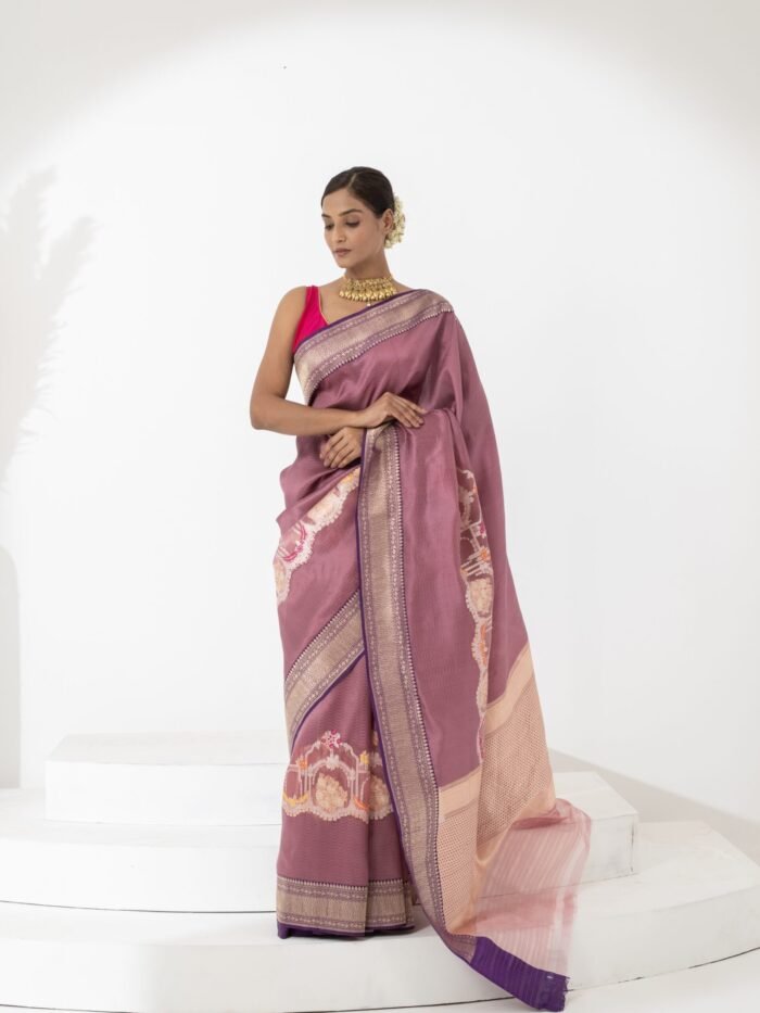 Narmada (Champagne Tissue Jaal Brocade Border Saree) - Image 2