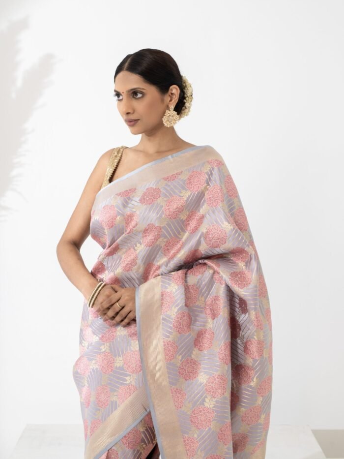 Vibha (Bluish Grey Meenakari Allover Mushru Saree) - Image 4