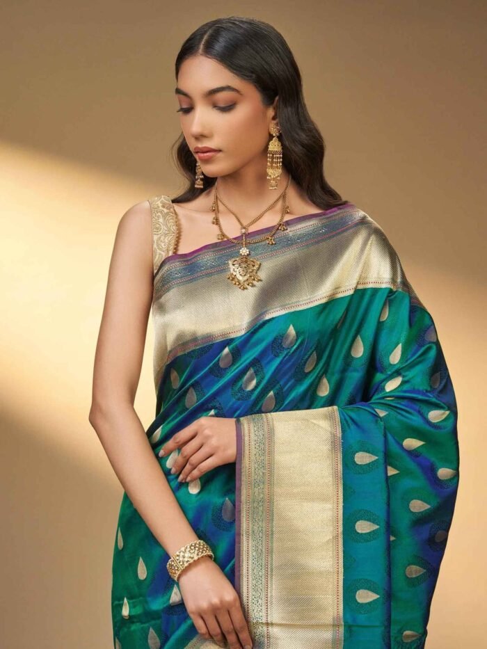 Usha (Two-Tone Katan Silk Kadwa Boota Saree) - Image 3