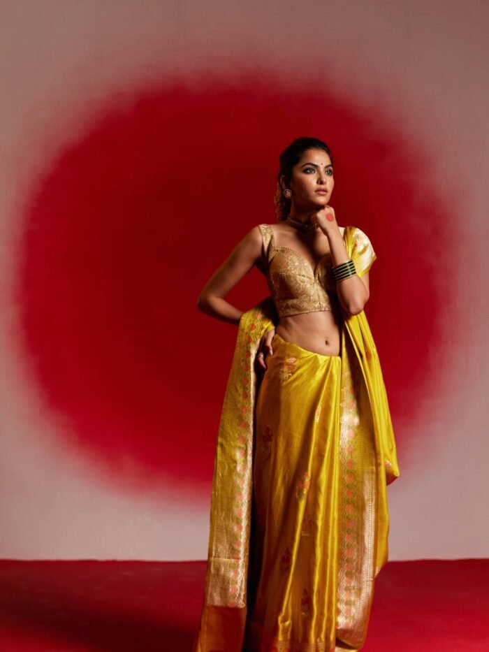 Ambika (Yellow Kadwa Mushru Meena Boota Saree) - Image 2