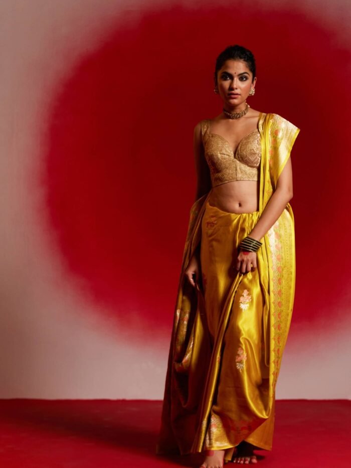 Ambika (Yellow Kadwa Mushru Meena Boota Saree) - Image 4