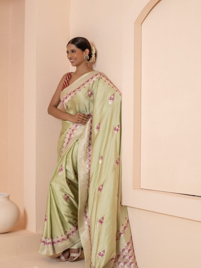Ekta (Pista Green Meenakari Silk Saree) - Image 3